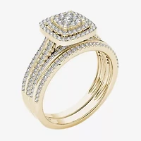 Womens 1/ CT. T.W. Natural White Diamond 10K Gold Cushion Halo Bridal Set