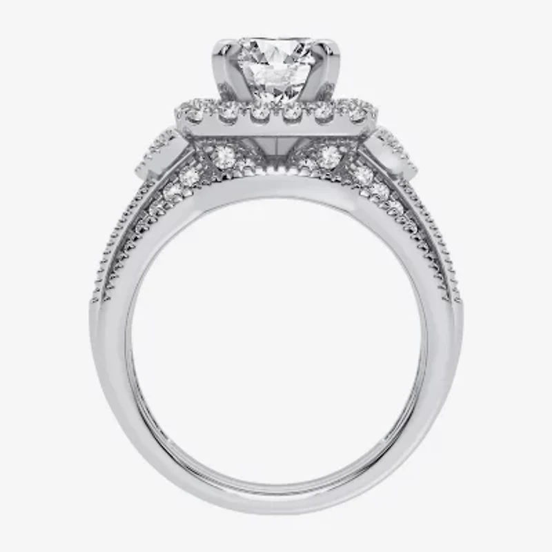 (H-I / Si1-Si2) Womens 3 CT. T.W. Lab Grown White Diamond 14K Gold Cushion Halo Bridal Set