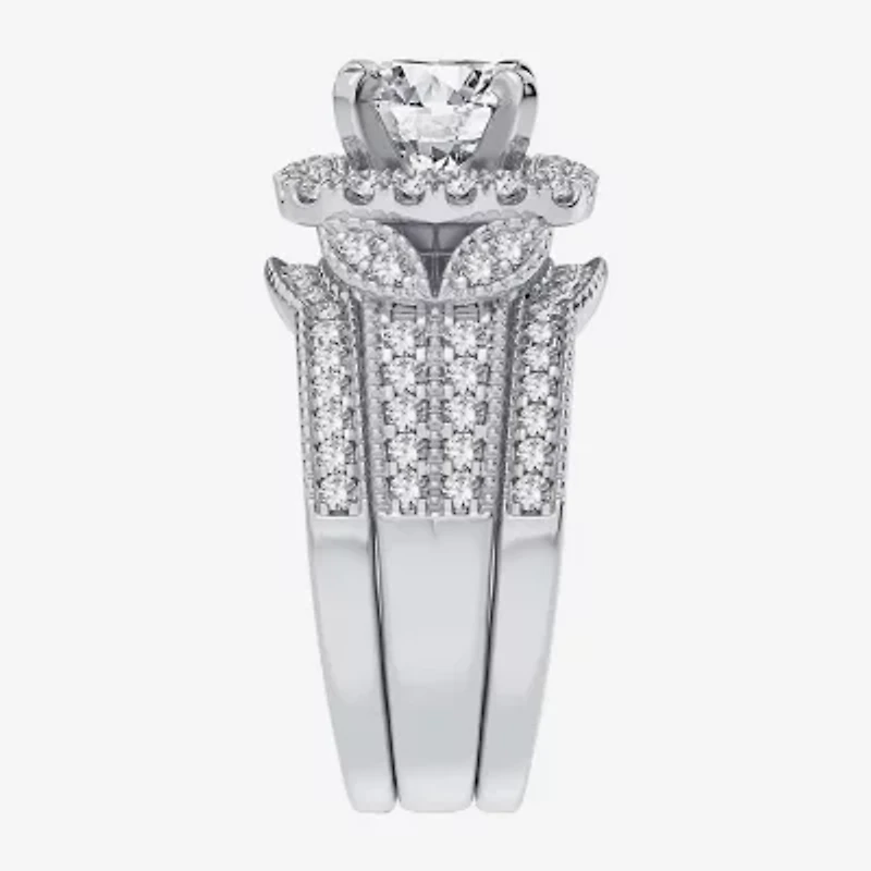 (H-I / Si1-Si2) Womens 3 CT. T.W. Lab Grown White Diamond 14K Gold Cushion Halo Bridal Set