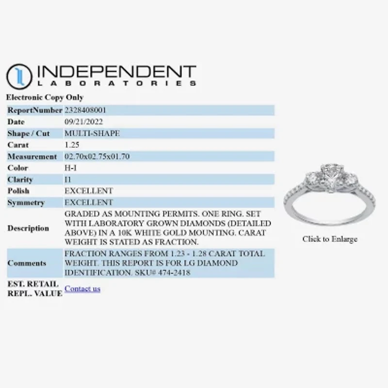 (H-I / I1) Womens 1 1/4 CT. T.W. Lab Grown White Diamond 10K Gold Round Side Stone 3-Stone Engagement Ring