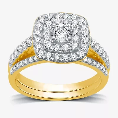 I Said Yes (H-I / I1) Womens 1 CT. T.W. Lab Grown White Diamond Sterling Silver or 14K Gold Over Cushion Side Stone Halo Bridal Set
