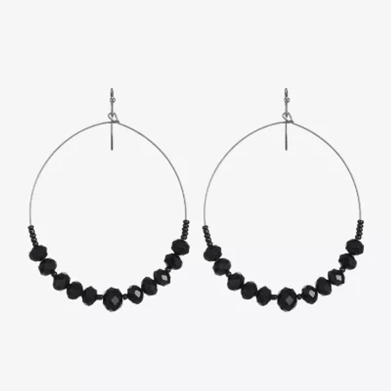 Mixit Grey Toned Jet Black Beaded Womens Black 75mm Hoop Earrings