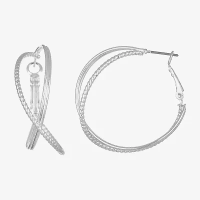 Liz Claiborne Silver Tone Criss Cross Womens 40mm Hypoallergenic Hoop Earrings