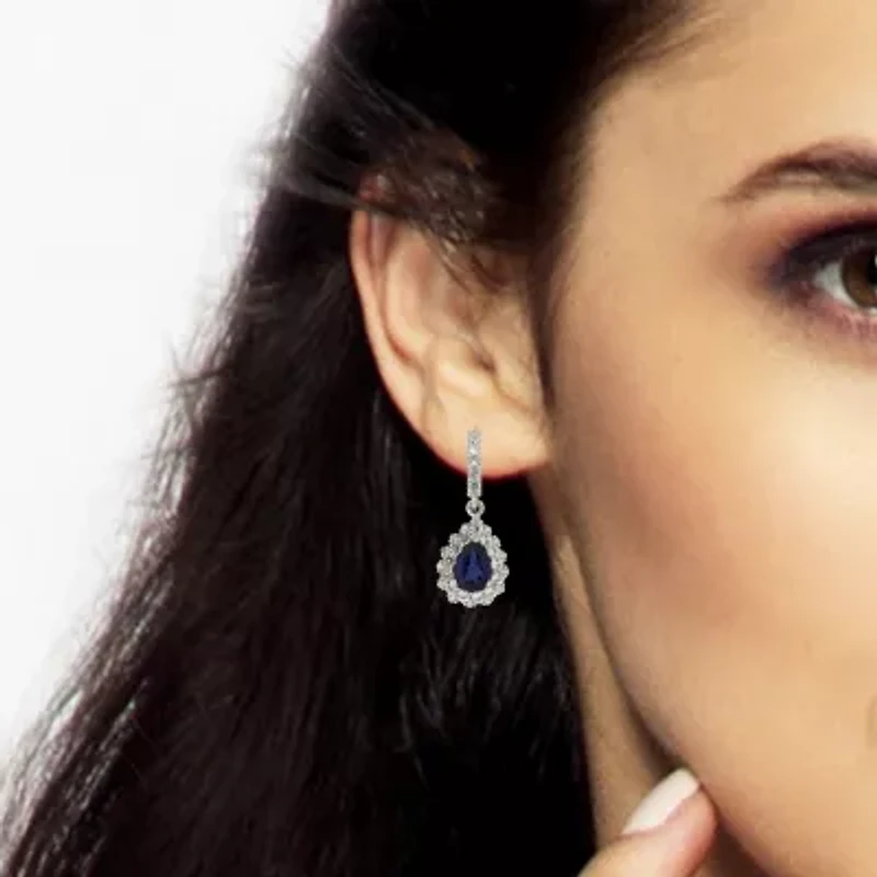 Womens Lab Created Blue Sapphire Sterling Silver Pear Drop Earrings