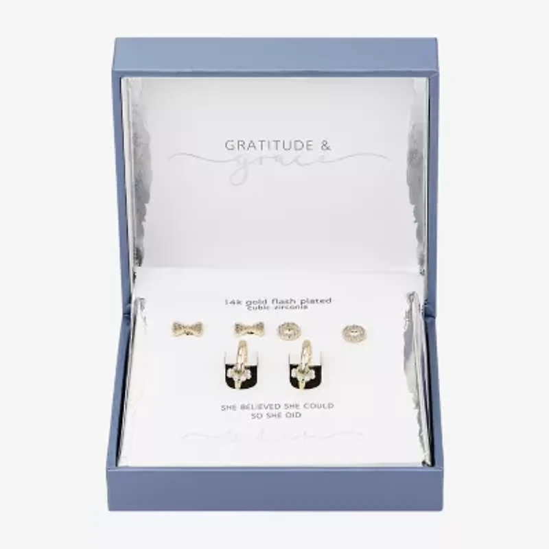 Gratitude & Grace Believe Womens Cubic Zirconia 14K Gold Over Brass Bow 3 Pair Earring Set