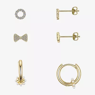 Gratitude & Grace Believe Womens Cubic Zirconia 14K Gold Over Brass Bow 3 Pair Earring Set