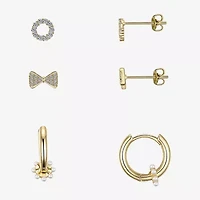 Gratitude & Grace Believe Womens Cubic Zirconia 14K Gold Over Brass Bow 3 Pair Earring Set