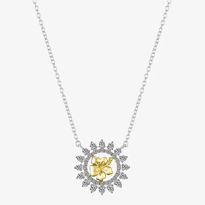 Disney Classics Womens Cubic Zirconia 14K Gold Over Brass Pure Silver Over Brass Flower 16 Inch Pendant Necklace