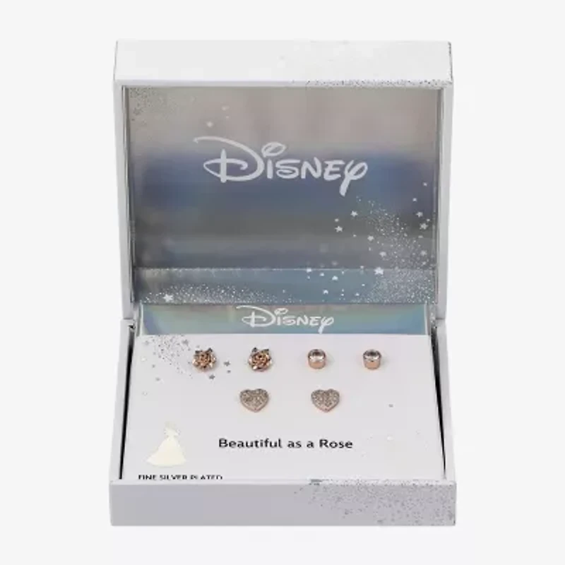 Disney Classics Womens Cubic Zirconia 14k Rose Gold Over Brass Flower Heart Beauty and the Beast Belle Princess 3 Pair Earring Set