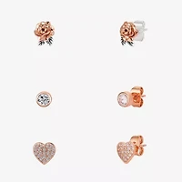 Disney Classics Womens Cubic Zirconia 14k Rose Gold Over Brass Flower Heart Beauty and the Beast Belle Princess 3 Pair Earring Set