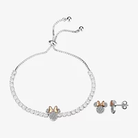 Disney Classics Womens Cubic Zirconia 14k Rose Gold Over Brass Pure Silver Over Brass Bow Minnie Mouse 2-pc. Jewelry Set
