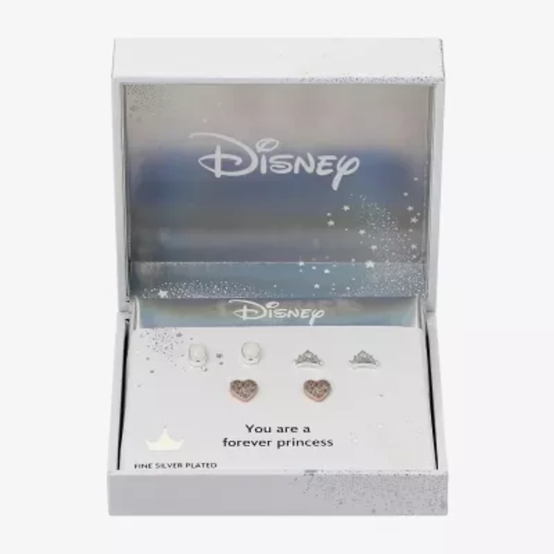 Disney Classics Womens Cubic Zirconia 14k Rose Gold Over Brass Crown Heart Princess 3 Pair Earring Set
