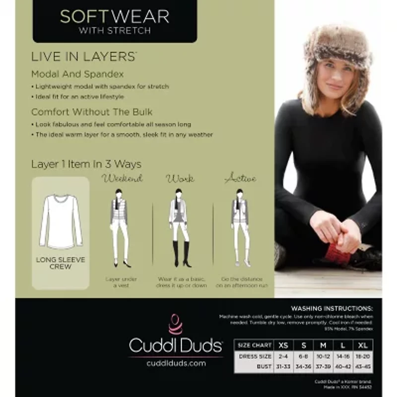 Cuddl Duds Womens Softwear-Tall Crew Neck Long Sleeve Thermal Shirt