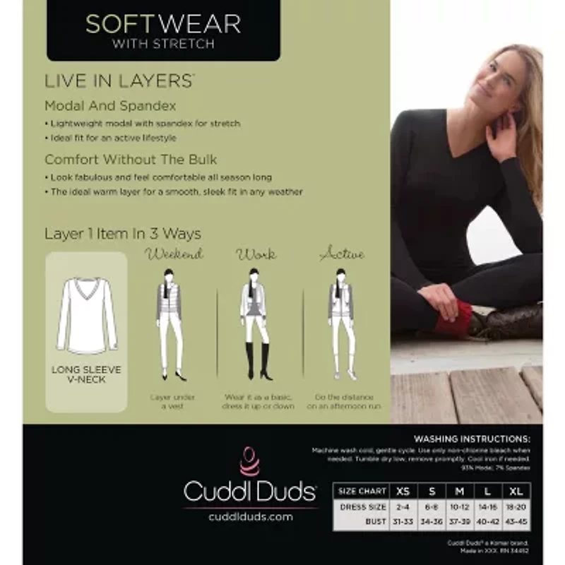 Cuddl Duds Womens Softwear V-Neck-Tall V Neck Long Sleeve Thermal Shirt