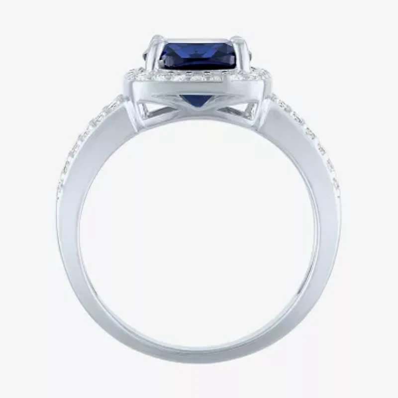 Womens Lab Created Blue Sapphire Sterling Silver Halo Side Stone Cocktail Ring
