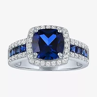 Womens Lab Created Blue Sapphire Sterling Silver Halo Side Stone Cocktail Ring
