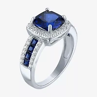 Womens Lab Created Blue Sapphire Sterling Silver Halo Side Stone Cocktail Ring