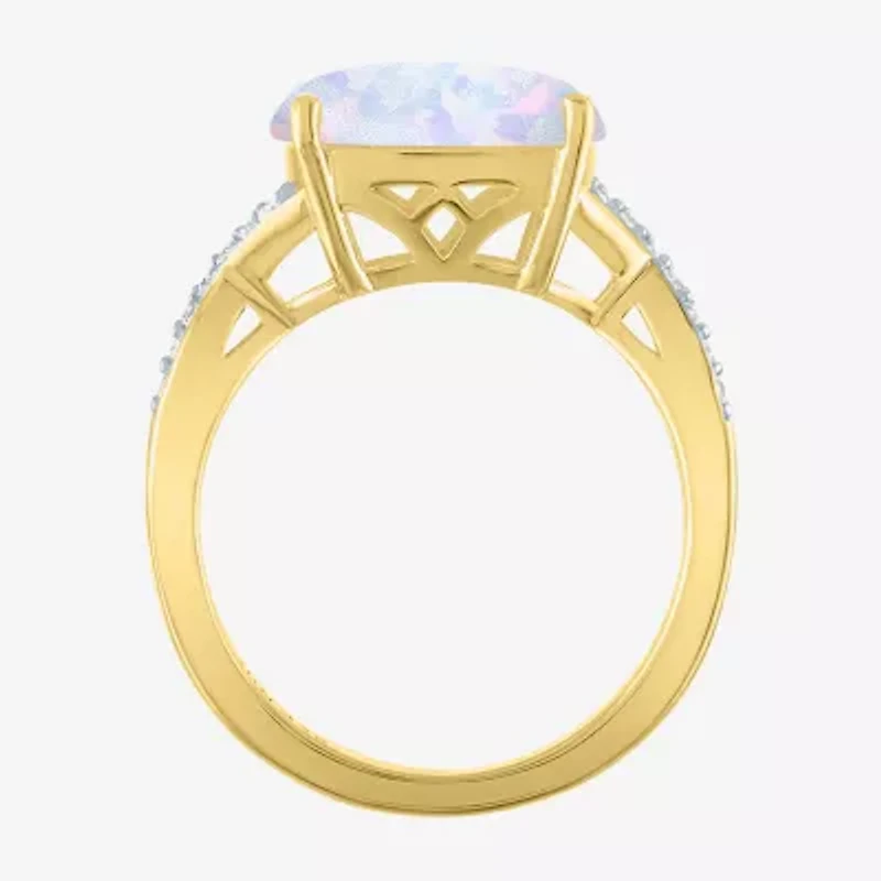 Womens Lab Created White Opal 14K Gold Over Silver Crossover Side Stone Cocktail Ring