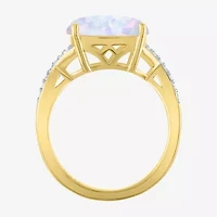 Womens Lab Created White Opal 14K Gold Over Silver Crossover Side Stone Cocktail Ring