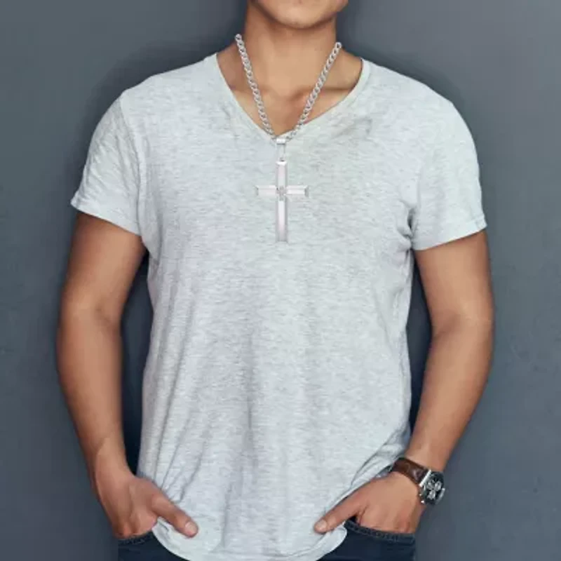 Mens 1/10 CT. T.W. Natural White Diamond Stainless Steel Cross 2-pc. Jewelry Set