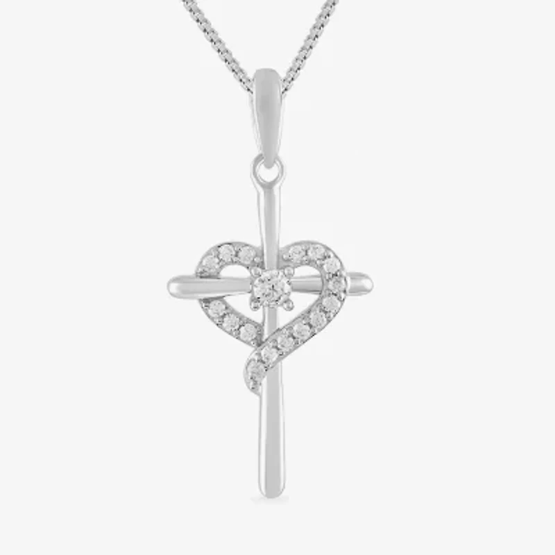 Womens 1/6 CT. T.W. Lab Grown White Diamond Sterling Silver Cross Heart 18 Inch Pendant Necklace