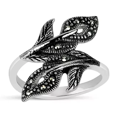 Womens Genuine Black Marcasite Sterling Silver Bypass  Cocktail Ring