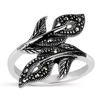 Womens Genuine Black Marcasite Sterling Silver Bypass  Cocktail Ring