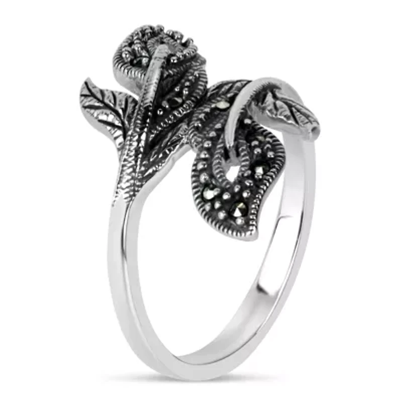 Womens Genuine Black Marcasite Sterling Silver Bypass  Cocktail Ring