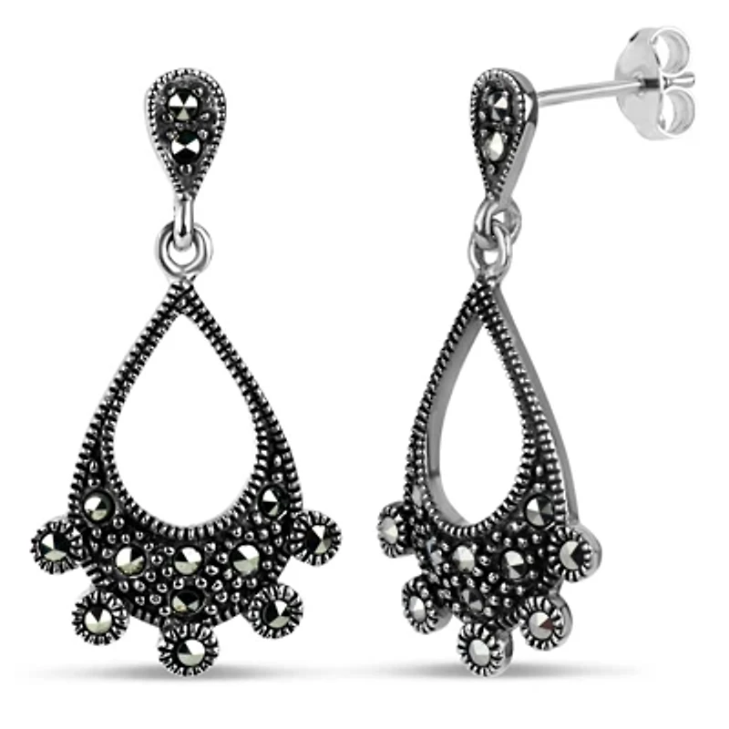Womens Genuine Black Marcasite Sterling Silver Curved Drop Earrings