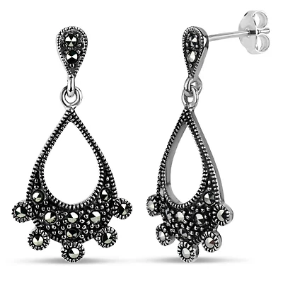 Womens Genuine Black Marcasite Sterling Silver Curved Drop Earrings