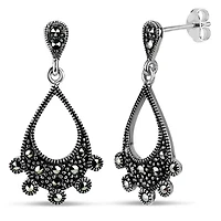 Womens Genuine Black Marcasite Sterling Silver Curved Drop Earrings