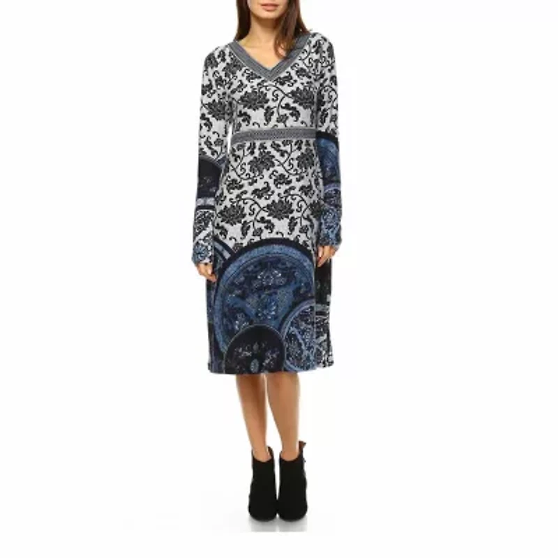 White Mark Naarah Womens Long Sleeve Embroidered Sweater Dress