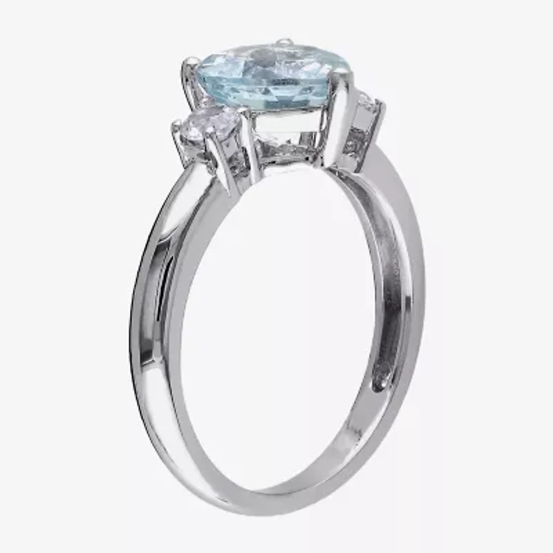 Modern Bride Gemstone Womens Genuine Blue Aquamarine Sterling Silver Heart 3-Stone Engagement Ring