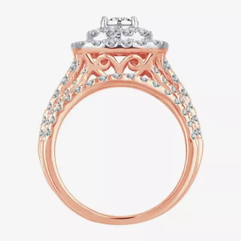 Womens 2 CT. T.W. Natural White Diamond 10K Rose Gold Cushion Halo Bridal Set