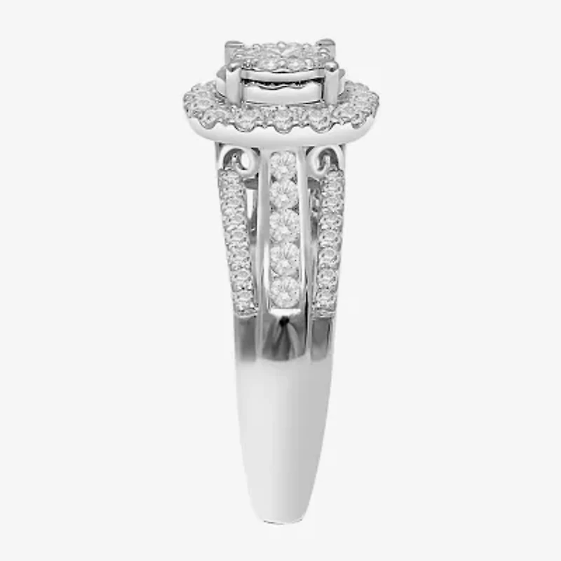 (I / SI2) Womens 1 CT. T.W. Lab Grown White Diamond 10K or 14K Gold Cushion Side Stone Halo Engagement Ring