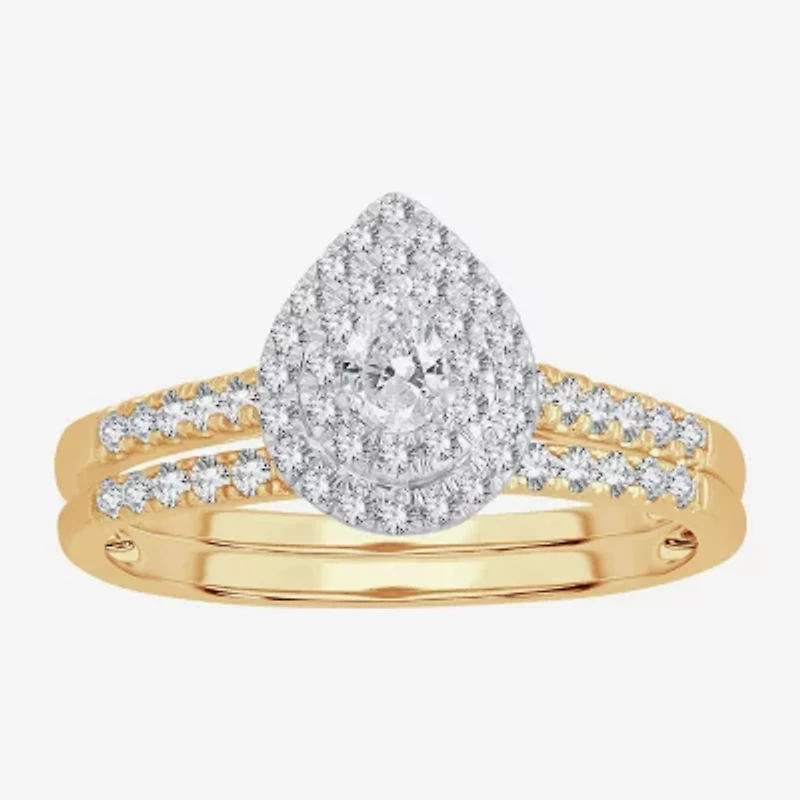 Womens 1/2 CT.T.W. Natural Diamond 10K or 14K Gold Pear Side Stone Halo Bridal Set