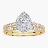 Womens 1/2 CT.T.W. Natural Diamond 10K or 14K Gold Pear Side Stone Halo Bridal Set