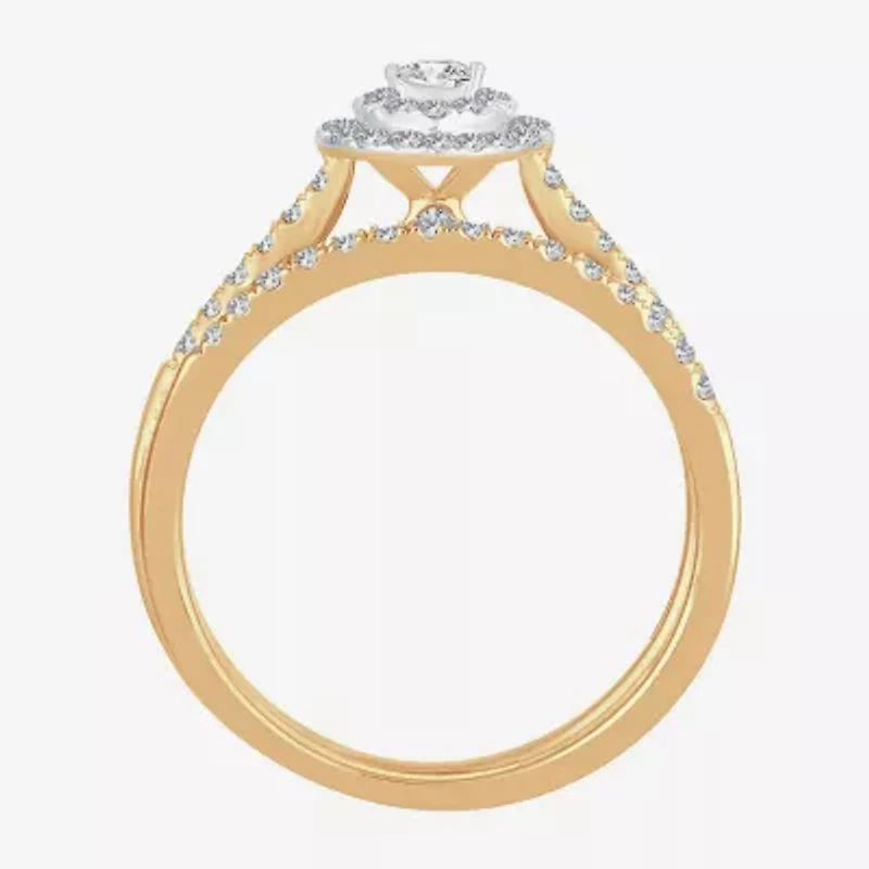 Womens 1/2 CT.T.W. Natural Diamond 10K or 14K Gold Pear Side Stone Halo Bridal Set