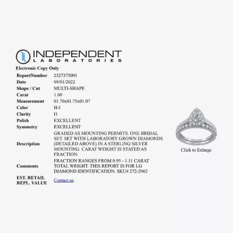 I Said Yes (H-I / I1) Womens 1 CT. T.W. Lab Grown White Diamond Sterling Silver or 14K Gold Over Silver Pear Side Stone Halo Bridal Set