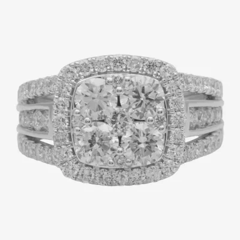 (H-I / I1) Womens 3 CT. T.W. Lab Grown White Diamond 10K Gold Cushion Side Stone Halo Bridal Set