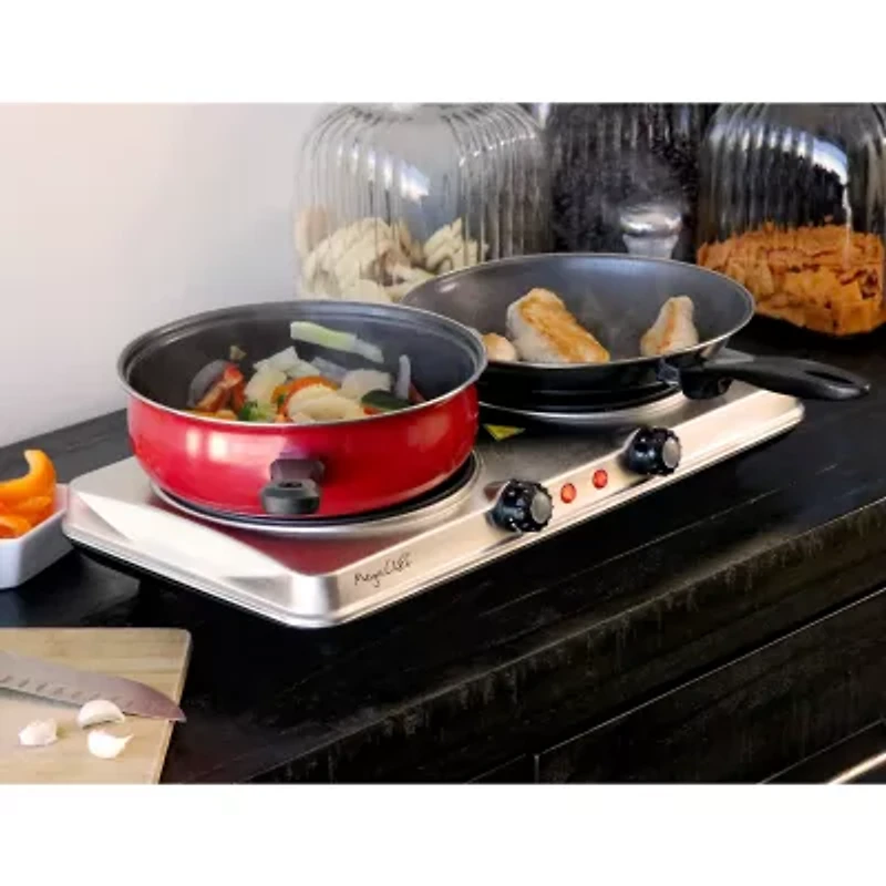 MegaChef Portable 2-Burner Sleek Steel Hot Plate With Temperature Control Electric Burner