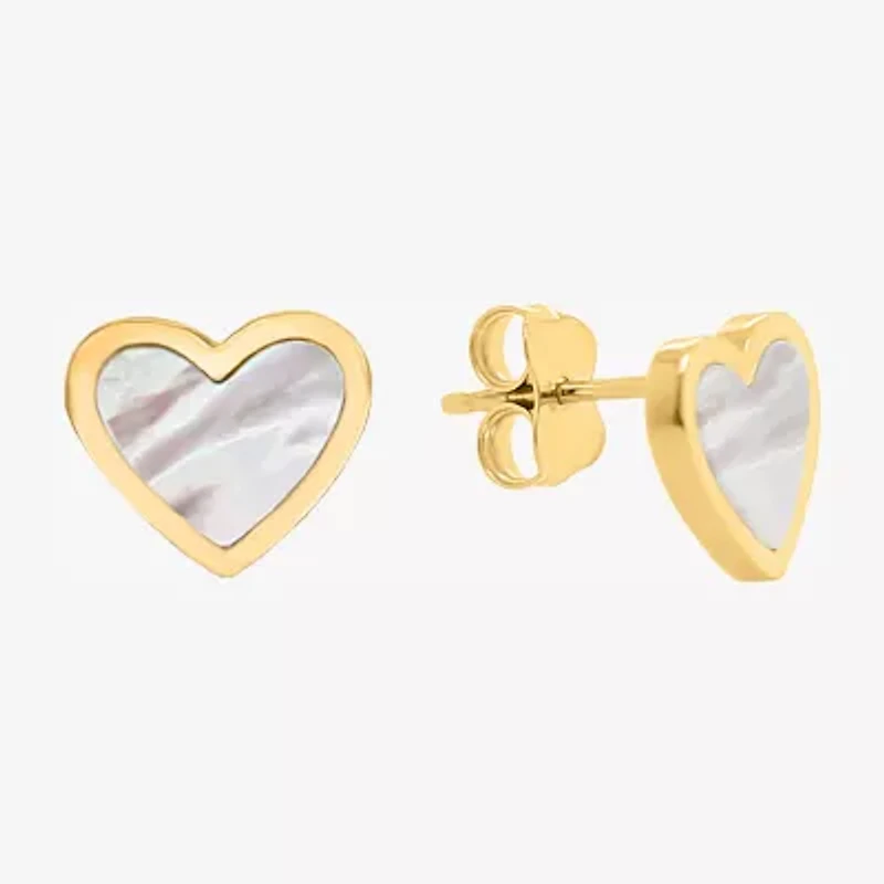 White Mother Of Pearl 14K Gold 9mm Heart Stud Earrings