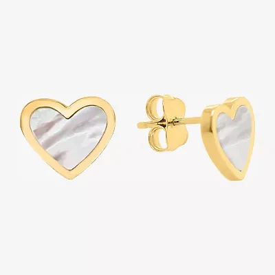 White Mother Of Pearl 14K Gold 9mm Heart Stud Earrings
