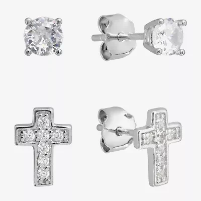Silver Treasures Stud Womens Cubic Zirconia Sterling Silver Cross 2 Pair Earring Set