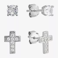 Silver Treasures Stud Womens Cubic Zirconia Sterling Silver Cross 2 Pair Earring Set