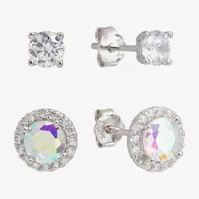 Silver Treasures Stud Womens Cubic Zirconia Sterling Silver 2 Pair Earring Set