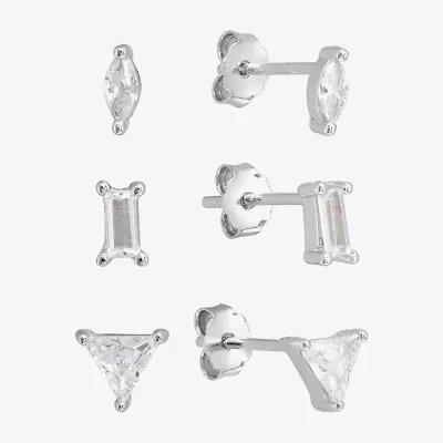 Silver Treasures Stud Womens Cubic Zirconia Sterling Silver Triangle 3 Pair Earring Set