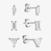 Silver Treasures Stud Womens Cubic Zirconia Sterling Silver Triangle 3 Pair Earring Set