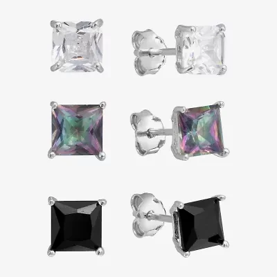 Silver Treasures Stud Womens Cubic Zirconia Sterling Silver 3 Pair Earring Set