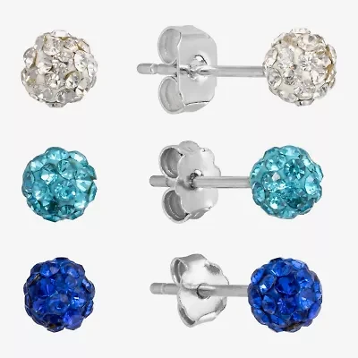 Silver Treasures Stud Womens Multi Color Crystal Sterling Silver 3 Pair Earring Set